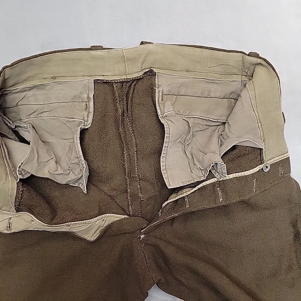 VTG French Military Pants Men 36x28 Brown Wool Service Trousers Button Fly 50s